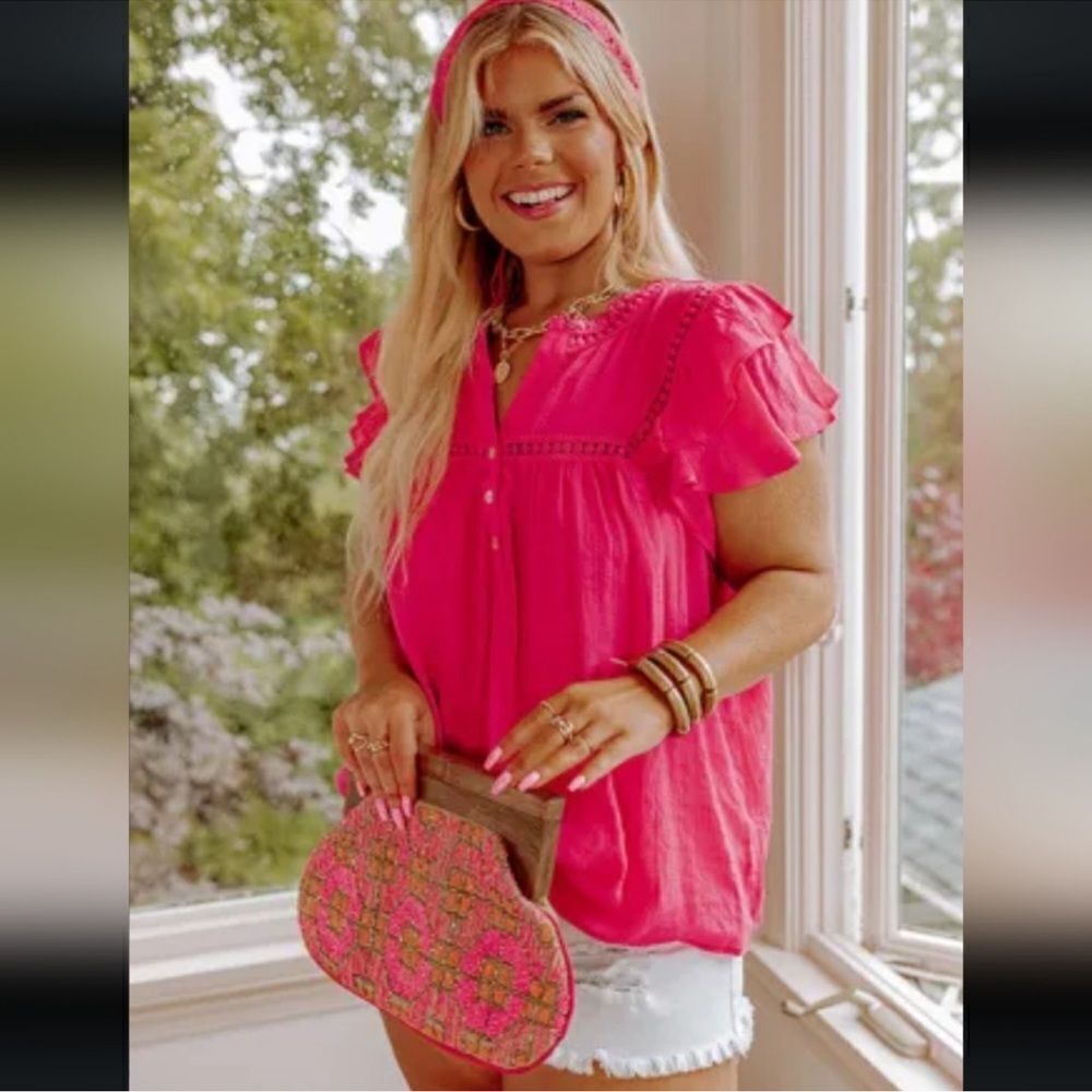 Fuchsia Pink 2X Short Flutter Sleeve Button Front Lace Crochet Detail Blouse
